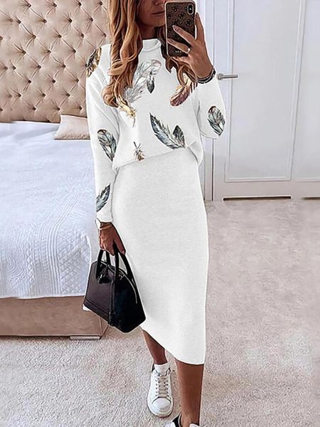 

dress women elegant two piece set skirts sets autumn casual o neck printing longsleeved pullover sweatshirt and bodycon skirt outfits, White