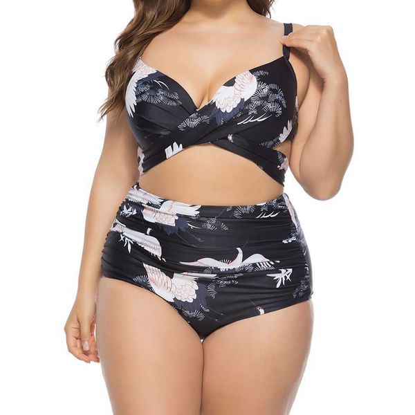 

women's plus size swimwear jucleo women swimsuit plus size 5xl high waist print bikini set beachwear push up bathing suit female swimwe, Black