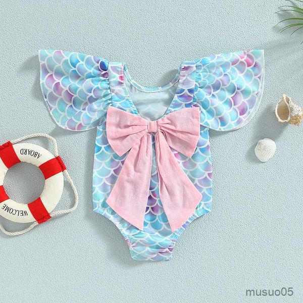 

two-pieces princess toddler baby girls mermaid swimsuit beachwear big bowknot ruffle sleeve kids children swimwear bathing suit beach wear, Blue