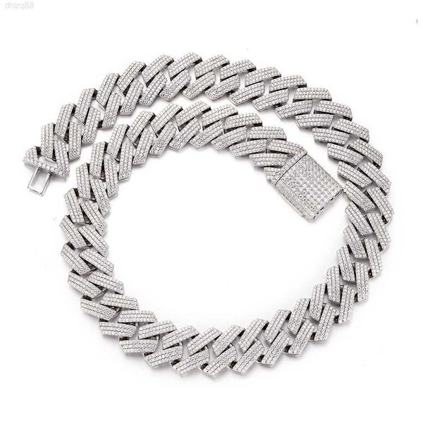 

white gold plating thick 22mm 3 rows cubic zirconia 925 sterling silver iced out prong cuban link chain