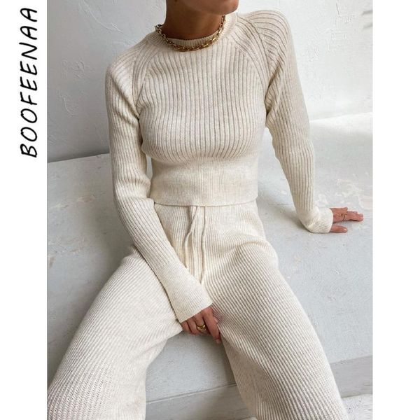 

pants boofeenaa knitted sweater long sleeve and pants two piece set women autumn winter outfits cozy lounge wear c88gb65, White