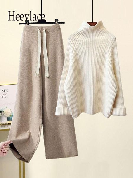

pants autumn winter warm knitted suit women long sleeve half turtleneck knitting sweater and wide leg pants sets outer wear loose set, White
