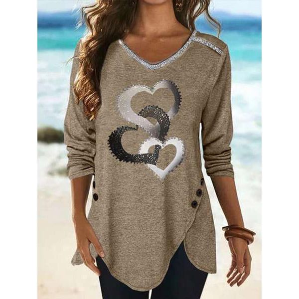 

t-shirt new women fashion heart printed t shirts v neck lady autumn casual loose irregular hem long sleeves blouse, White