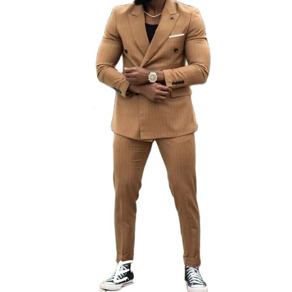 

men's suits blazers khaki pinstripe men suits peaked lapel double breasted blazer sets mens travel business suit costume homme 2 piece, White;black