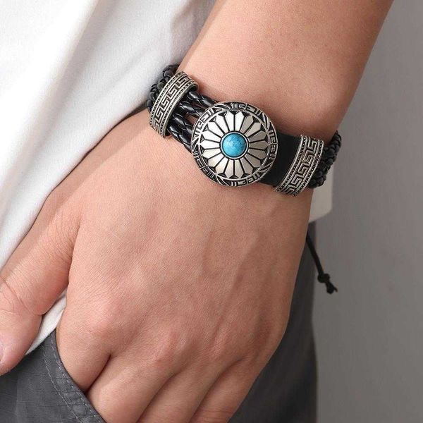 

retro ornament woven bracelet turquoise alloy accessories adjustable irregular men, Golden;silver