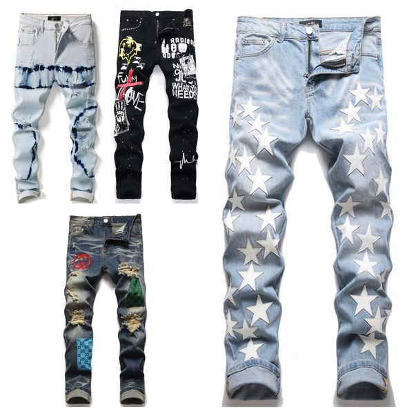 

designer mens jeans hip hop pants ripped high street fashion brand pantalones vaqueros para hombre motorcycle embroidery trendy long with ho, Blue