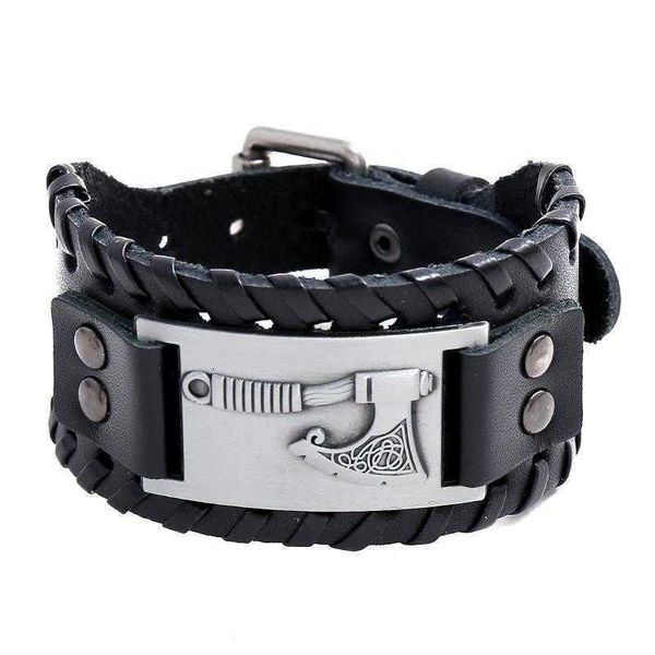 

accessories nordic viking axe cattle leather bracelet vintage weave punk mens width jewelry, Golden;silver