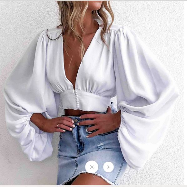 

womens blouses shirts women fashion deep v neck puff long sleeve blouse folds autumn spring solid color cropped 230509, White