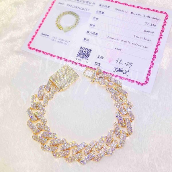 

15mm handmade 10k solid gold iced out d/vvs moissanite miami cuban link bracelet, Silver