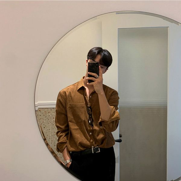 

men s casual shirts baru kemeja korduroi warna solid lengan panjang untuk pria mode retro musim gugur tren korea liar kasual longgar jaket 2, White;black