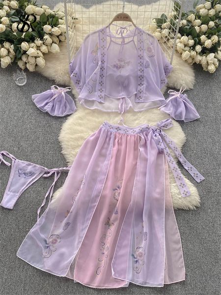 

two piece dress singreiny vintage hanfu cosplay erotic 5 pieces suite women print bellyband cardigansplit skirt mesh chiffon underwear set 2, White
