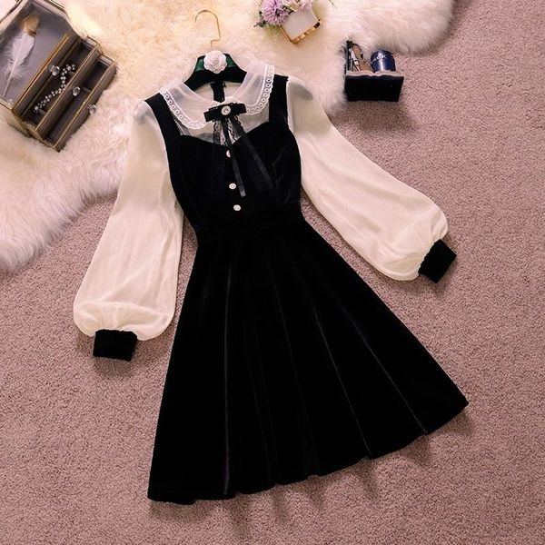 

dresses neploe vintage velvet black dress stand neck lantern sleeve party robe high waist slim vestidos korean elegant dresses women, Black;gray