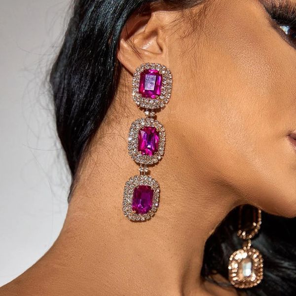

explosive rose red square earrings stage party rhinestone pendant earrings european and american accessoriesunique designer shiny creative, Golden