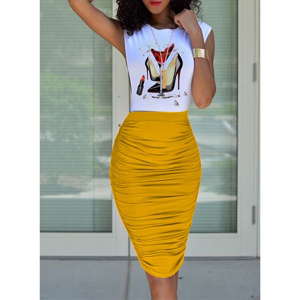 

two piece dress women sleeveless ruched midi skirt set suit ladies bodycon skirts outfits 230509, White