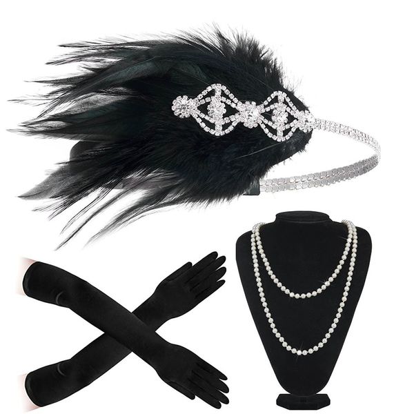 

wedding hair jewelry 20s great gatsby party costume flapper headband pearl necklace glove 1920s headpiece accessories set for women 230508, Slivery;golden