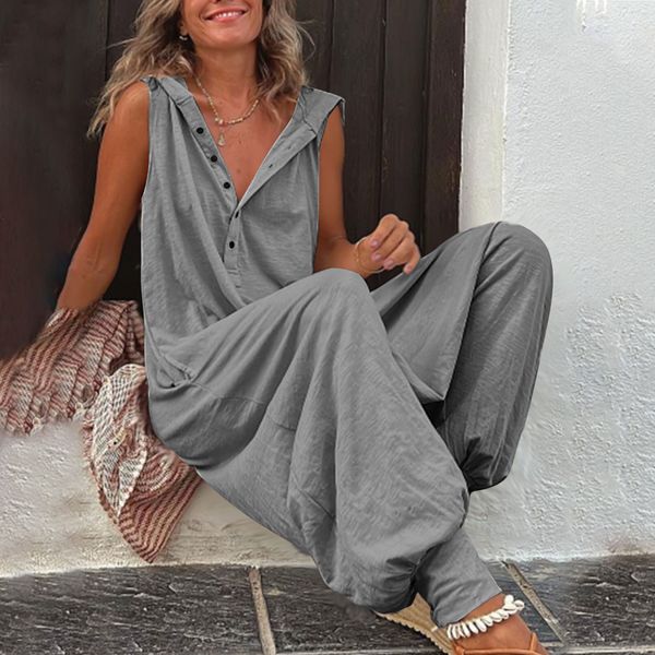 

women's jumpsuits rompers vintage button jumpsuit summer women causal beach cross-pants playsuit fashion loose solid sleeveless hooded, Black;white