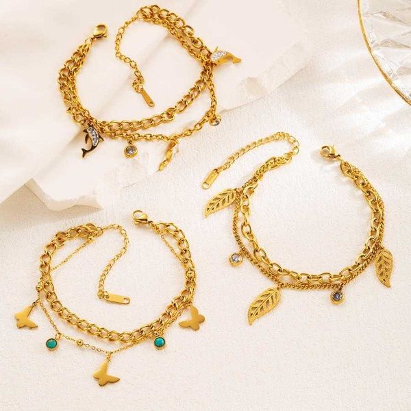 

fashion creative bracelet hand jewelry double titanium steel butterfly dolphin leaf jeweled pendant stainless, Golden;silver