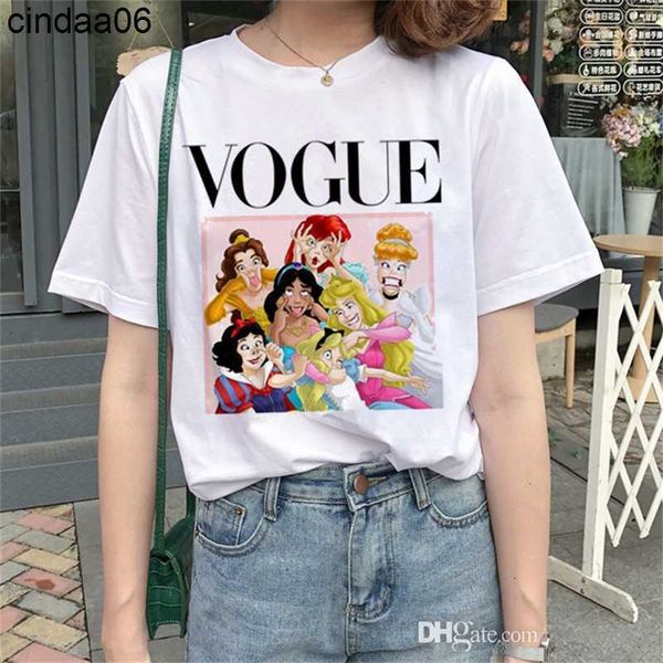 

women's designer white t-shirt cartoon princess letter print round neck tee plus size 3xl