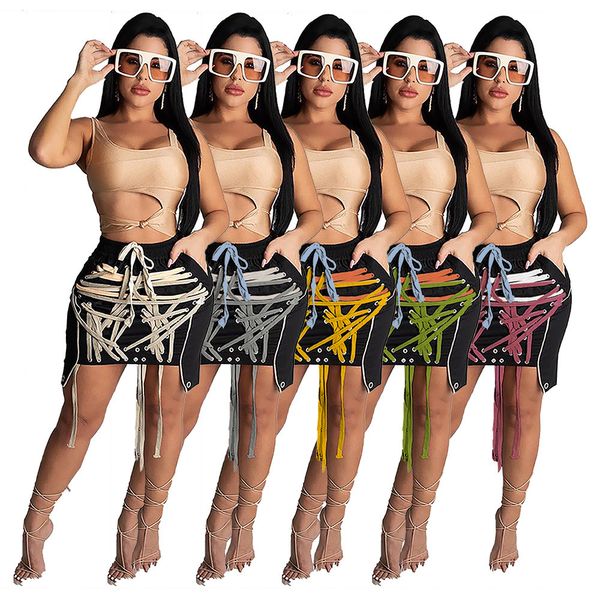 

2023 designer lace-up skirts for women summer y2k streetwear patchwork mini skirt hip hop large zipper pockets drawstring dresses wholesale, Black