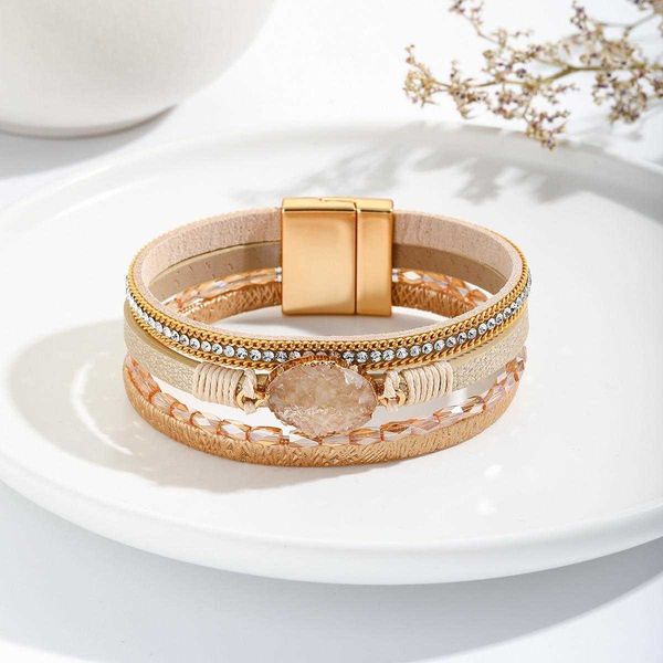 

diamond gravel bracelet bohemian magnetic buckle pu leather simple fashion elegant jewelry, Golden;silver