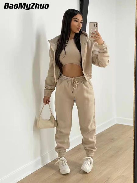 

pants winter three piece sets women tracksuit oversized suit 2022 autumn trouser set female sweatshirt solid sports hoodie sportswear, White