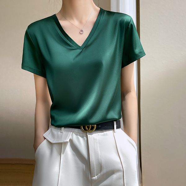 

women's t-shirt summer basic solid women's t-shirts v-neck short sleeve tees satin silk elegant thin shirts for female 230509, White