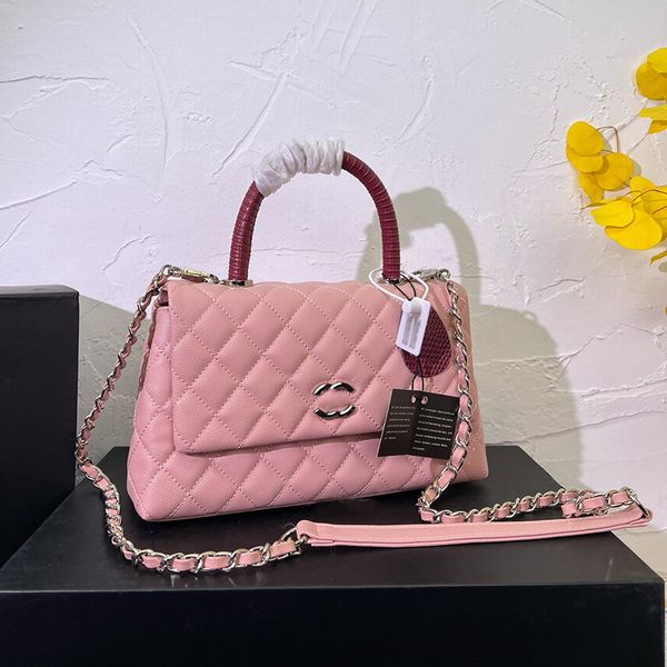 

designer womens shoulder bag with handle handbag genuine leather rib solid color fine chain diagonal span bags silver hardware metal buckle