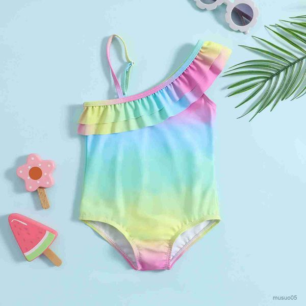 

two-pieces baby girls swimwear infant off shoulder sleeveless gradient print bikini kids beachwear toddler bathing suits swimsuits romper, Blue