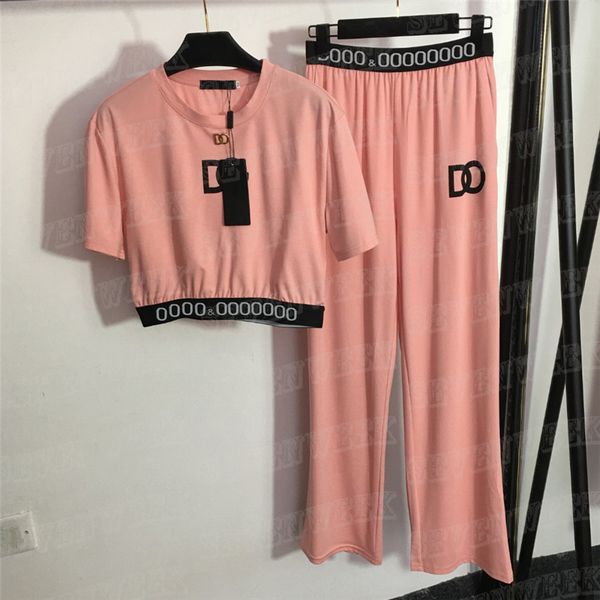 

letters webbing t shirts pants women tracksuits cropped tees elastic waist casual wide leg trousers yoga outfits, Gray