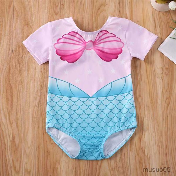 

two-pieces kids girls cute swimsuit casual short sleeve shell mermaid print princess swimwear for girls summer swim bodysuit, Blue