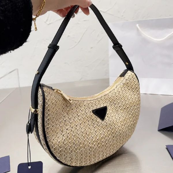 

woven underarm bag straw handbags lafite grass half month bags women clutch handbag leather handle zipper closure fashion letter