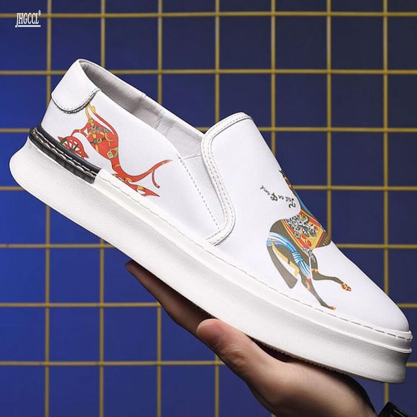 

new white one foot loafers men's dress shoes the trend printed leisure tide thick soled foot cover leather small white shoes a31, Black