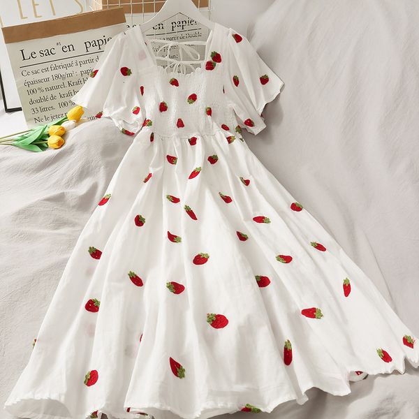 

casual dresses vintage kawaii strawberry dress women ruffle puff sleeve off shoulder embroidery summer party dresses korean elegant 230509, Black;gray