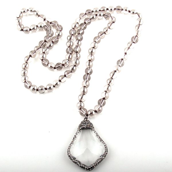

pendant necklaces moodpc fashion bohemian tribal jewelry 8mm glass long knotted beads handmade paved drop necklaces women ethnic necklace 23, Silver