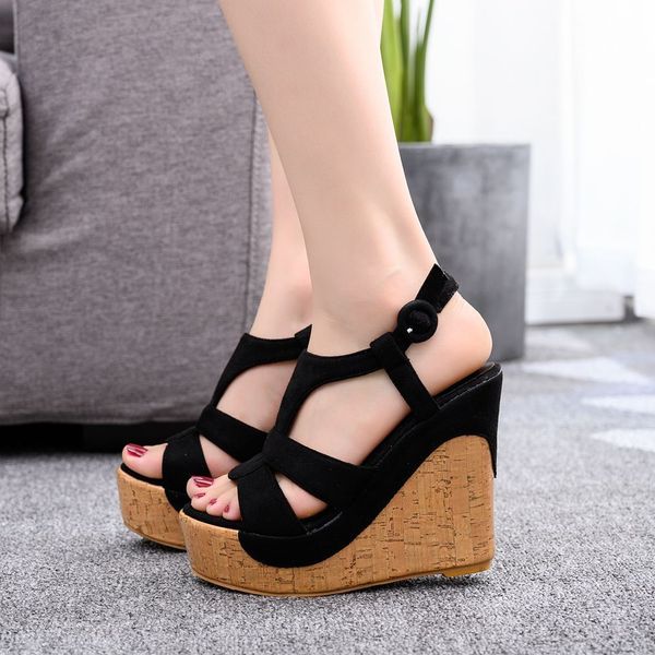 

height increasing shoes women wedges sandals summer platform white black buckle strap peep toe thick bottom heels casual ladies roman h0163, Black;white