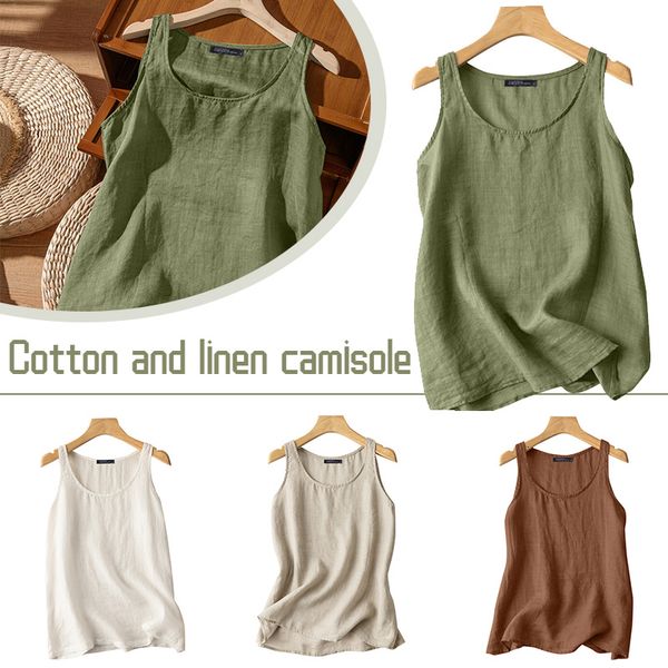 

womens tanks camis women casual camisole literary retro cotton linen vests summer v neck sleeveless solid loose tank s5xl 230509, White