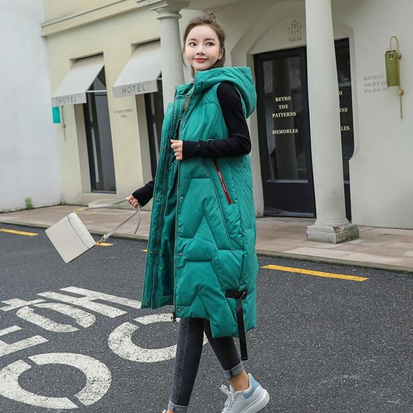 

leather winter long vest women's solid hooded pockets zipper padded ladies casual sleeveless jacket warm quilted vest for female, Black