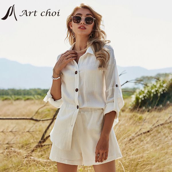 

women's tracksuits summer beach leisure button white women's suit cotton linen two-piece long sleeve shirt shorts outfits 230508, Gray