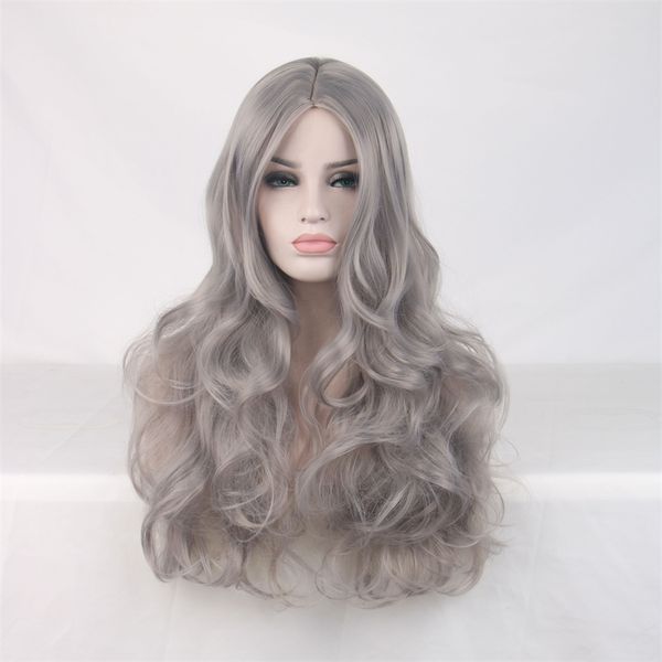 

long wavy costume wigs synthetic grey natural wig woodfestival women party cospaly gray, Black