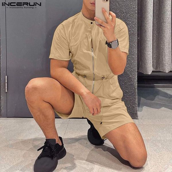 

men's shorts fashion men rompers solid stand collar short sleeve streetwear drawstring zipper jumpsuits men cargo overalls s-5xl inceru, White;black