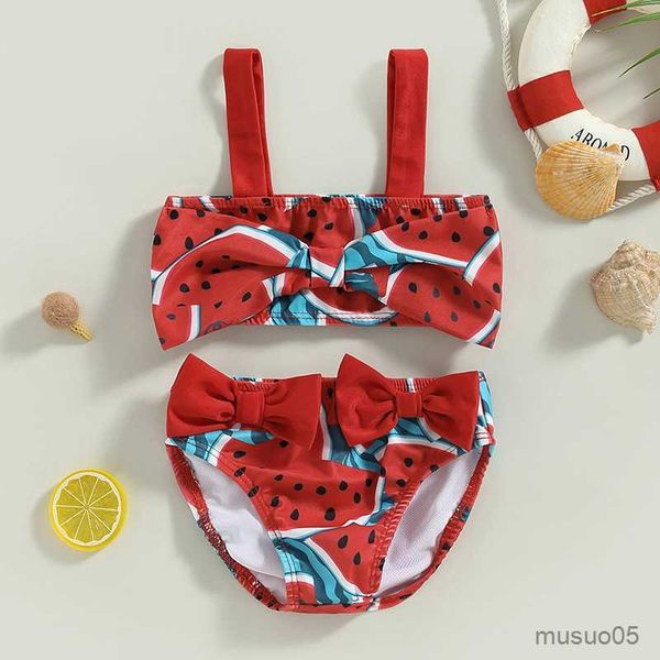 

two-pieces summer new baby girls swimsuits bathing suit cute watermelon print bowknot sleeveless and beach shorts swimwear, Blue