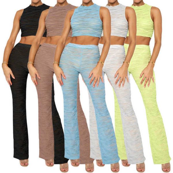 

summer two piece pants designer 2023 women knitted stripe perspective crop tank solid outfits street trendsetter sets, White