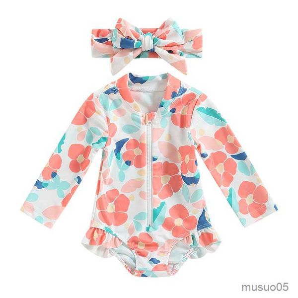 

two-pieces toddler girls summer romper swimwear long sleeve floral bathing suit child girls swimsuits with headband, Blue
