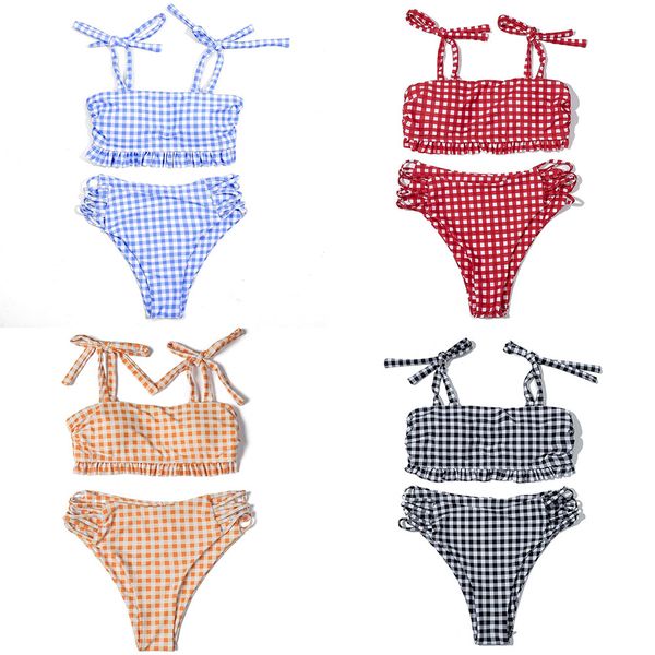 

2023 new blue plaid lace-up bikini high waist separate swimsuit women, White;black