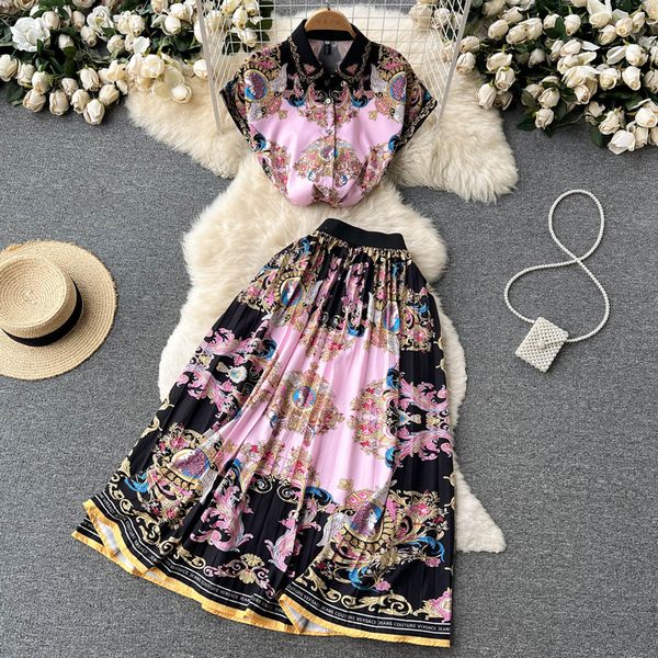 

two piece dress summer womens suit luxury print lapel collar women twopiece set t shirts and high waist long skirt sets vestido 230509, White