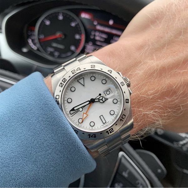 

sapphire crystal 42mm 2813 movement wristwatches with asia 2813 modified explorer white dial black ii men watch sport gmt watches glide lock, Slivery;brown