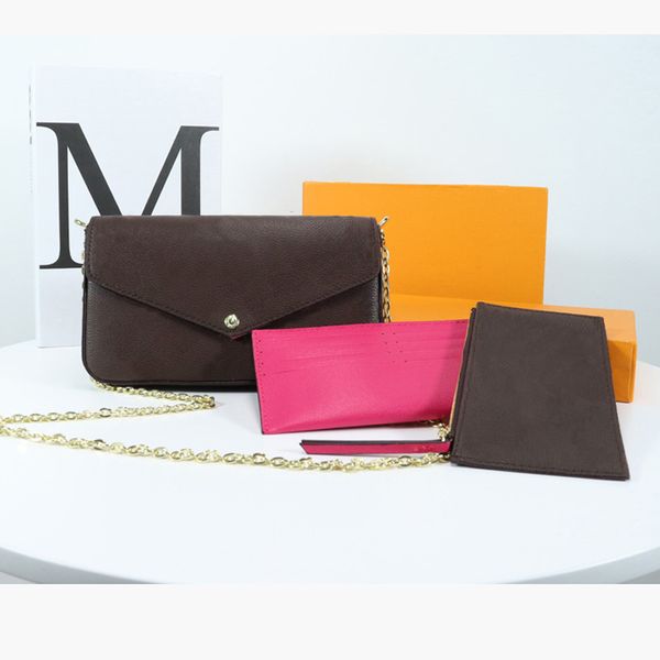 

set of three pochette women's chain bag wallet messenger bag leather handbag shoulder flower wallet bag 02