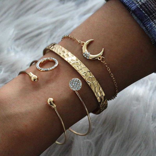 

bracelet full diamond circle water drop open ended crescent set 4 piece for women, Golden;silver