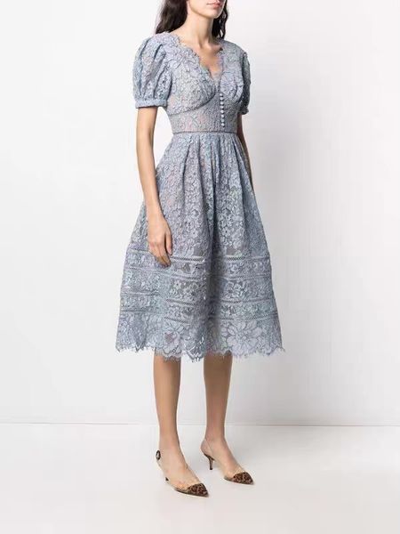 

e-lf-p-t summer bubble sleeve lace v-neck slim dress, Black;gray