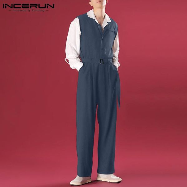 

pants korean style handsome men's solid color pantalons loose comeforable male casual wideleg sleeveless jumpsuits s5xl 2023 incerun, Black